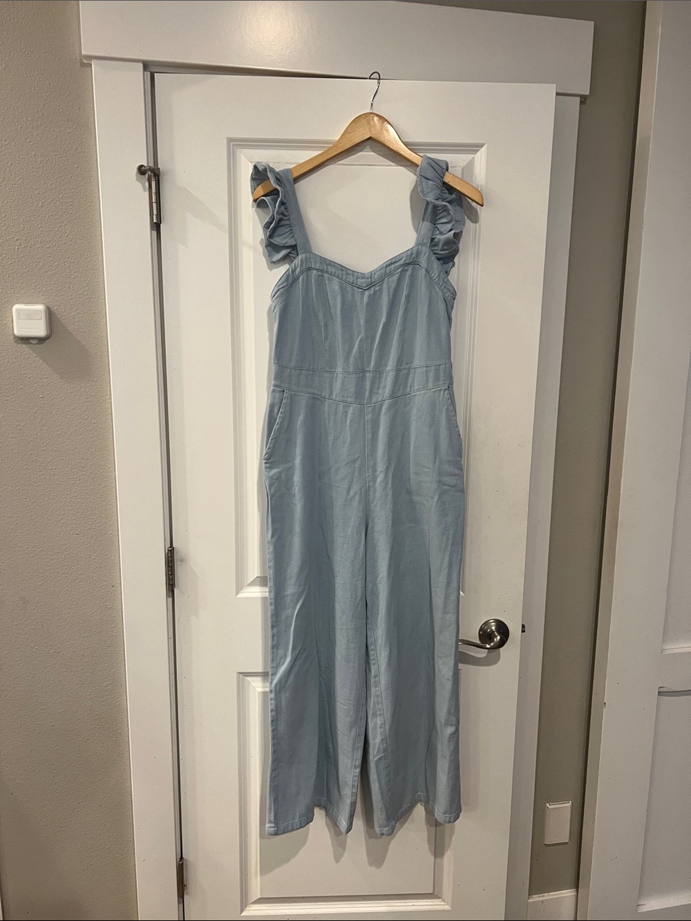 Baltic Born Light Blue Ruffle Strap Wide-Leg Jumpsuit
